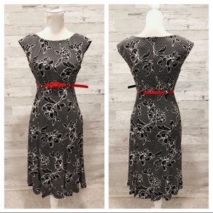 Black and White Floral Dress with Red Accent Belt
